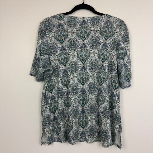 J.Jill Womens Pima-Slub Side Slit Scoop-Neck Blue Paisley Knit Tee Large Petite - Picture 2 of 8